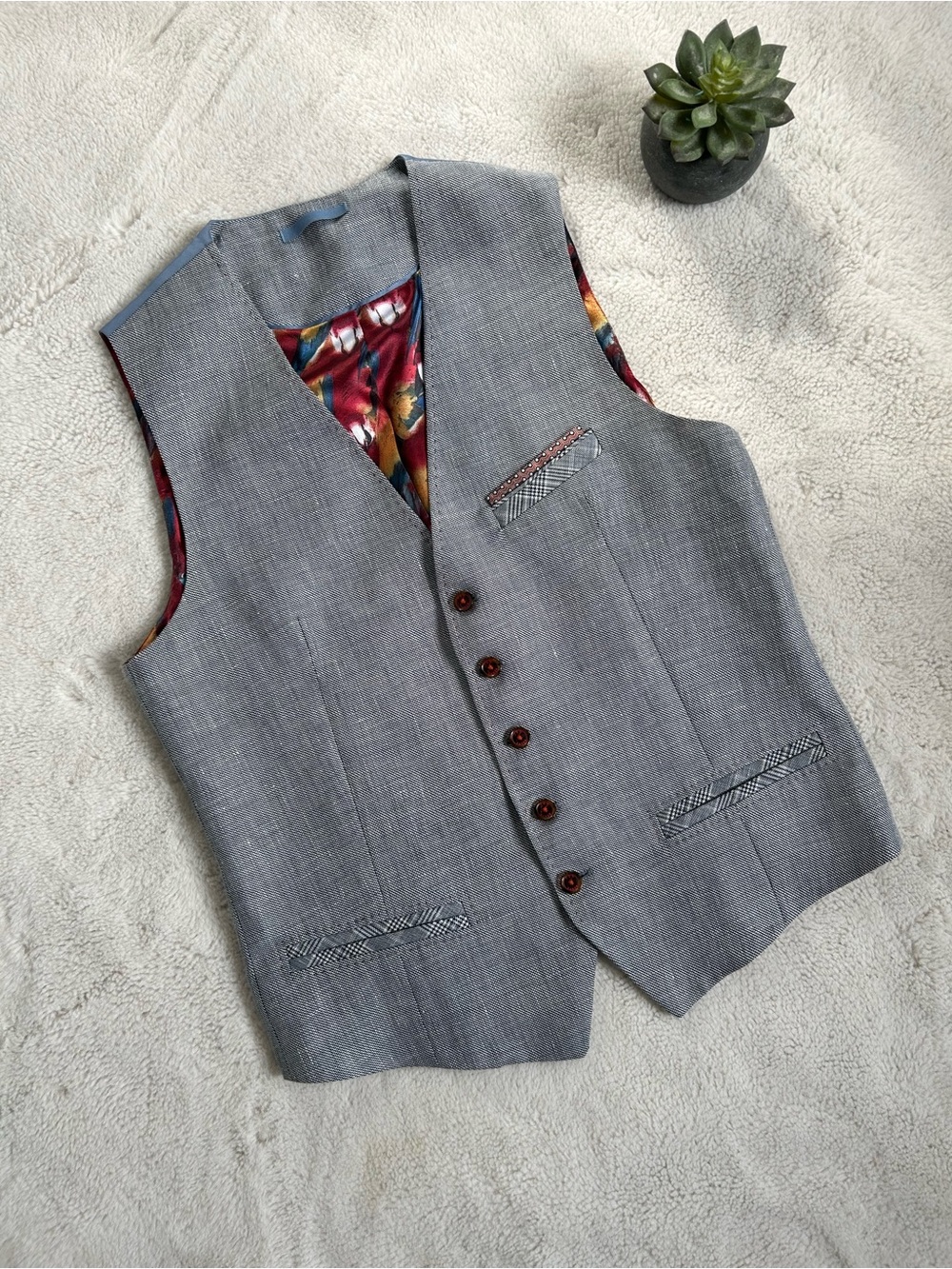 Ted Baker Gray Men's Dress Waistcoat Vest with Parrot Lining size 3 (Medium)